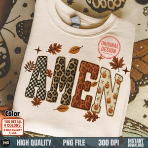 Amen patchwork PNG with leopard and pumpkin applique letters on cream shirt mockup