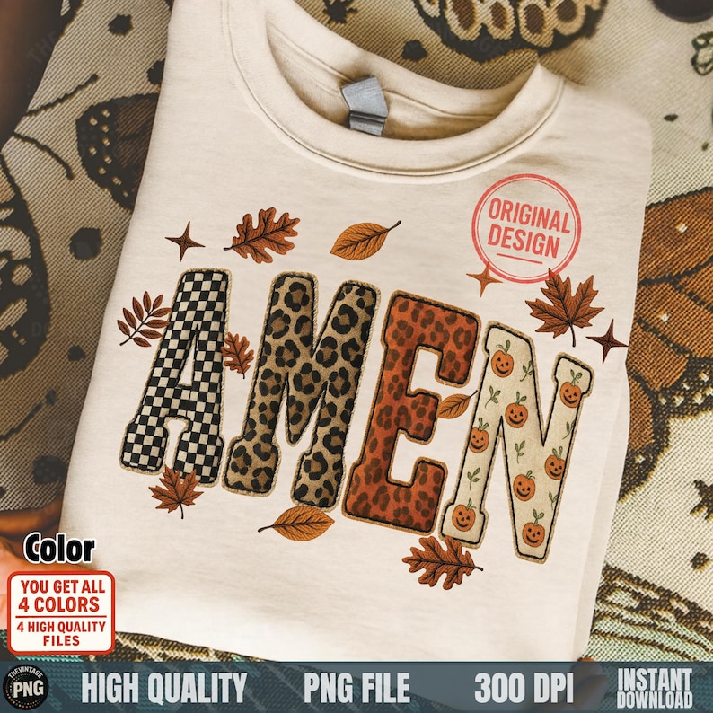 Amen patchwork PNG with leopard and pumpkin applique letters on cream shirt mockup