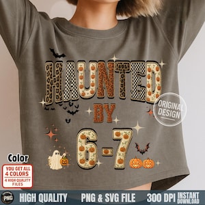 May include: A gray t-shirt with the words "HAUNTED BY 6-7" in a Halloween-themed design. The word "HAUNTED" has a leopard print and checkered pattern. The numbers 6 and 7 are decorated with pumpkins.