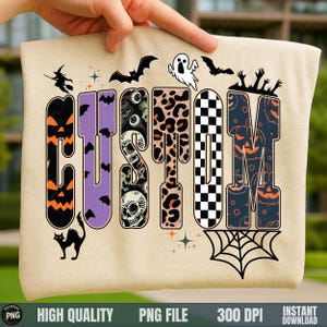May include: A beige t-shirt featuring the word "CUSTOM" in a Halloween-themed design. The letters are filled with various patterns, including jack-o'-lanterns, bats, skulls, and a checkered pattern. A black cat, spider web, and other Halloween elements are also present.