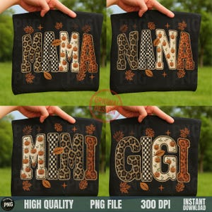 Może przedstawiać: Cztery czarne koszulki z jesiennymi wzorami. Każda koszulka przedstawia inne imię: "MAMA", "NANA", "MIMI" i "GIGI". Litery zdobione są wzorem w cętki, szachownicą i grafiką dyni. Jesienne liście i gwiazdy otaczają imiona.