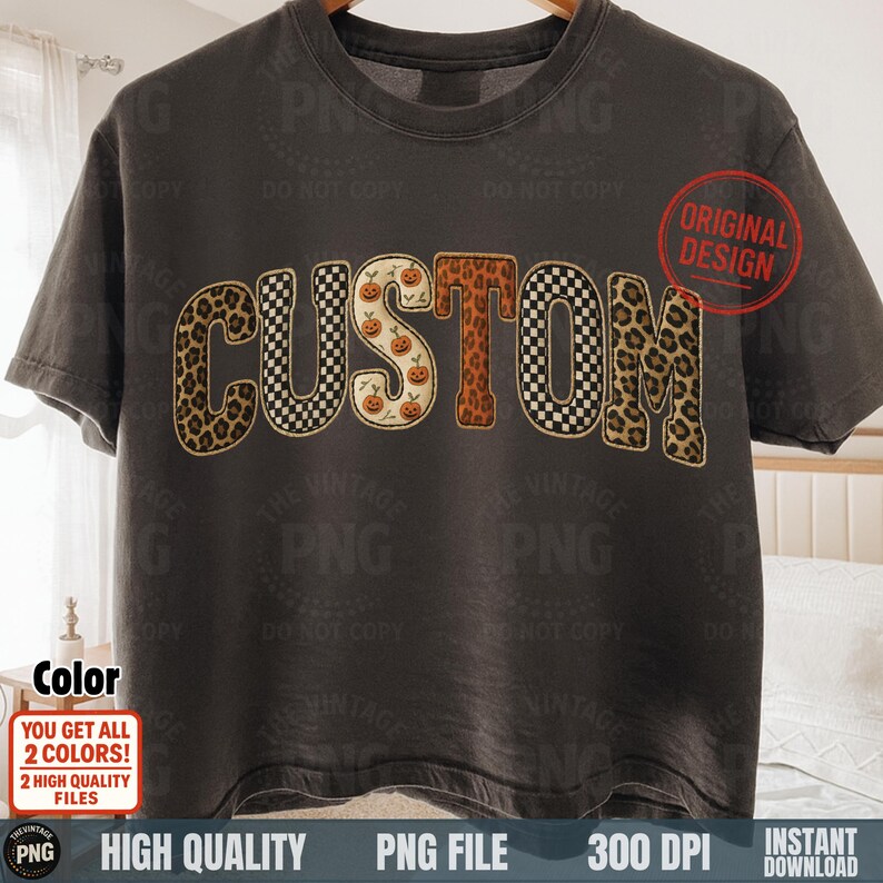 Custom patchwork Halloween leopard pumpkin letters PNG on shirt hanger mockup