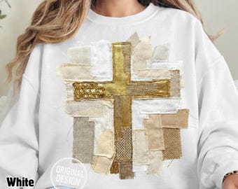 Patchwork de cruz com lantejoulas PNG, design cristão boho (download digital)