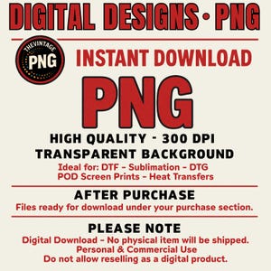 Pode incluir: Um design gr&aacute;fico digital com o texto "DIGITAL DESIGNS &bull; PNG" em vermelho. A imagem inclui as palavras "DOWNLOAD INSTANT&Acirc;NEO" e "PNG" em negrito vermelho. Texto adicional descreve o arquivo como de alta qualidade, 300 DPI e com fundo transparente.