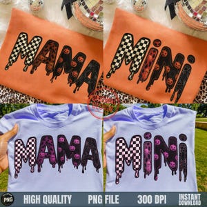 May include: Two orange and two light purple t-shirts with the words "MAMA" and "MINI" in a Halloween-themed design. The letters have a checkered pattern, leopard print, and dripping effect with jack-o'-lanterns. The bottom of the image has text that reads "HIGH QUALITY PNG FILE 300 DPI INSTANT DOWNLOAD".