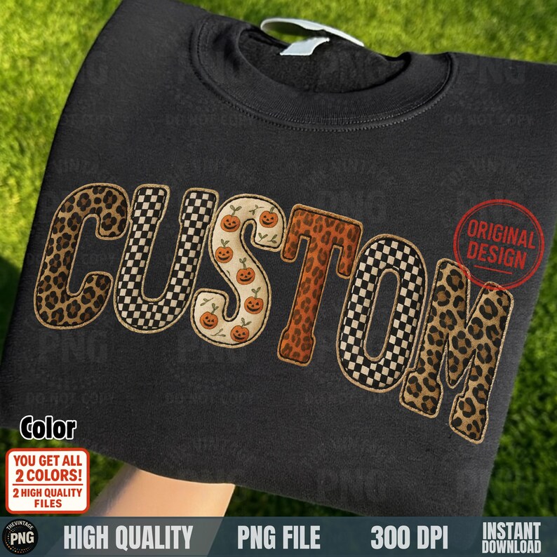 Custom patchwork fall vintage letters PNG folded black sweatshirt mockup
