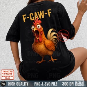 May include: Black t-shirt featuring a cartoon rooster with an open beak and the text "F-CAW-F" in yellow. The rooster is orange, red, and yellow. The shirt has a vintage design.