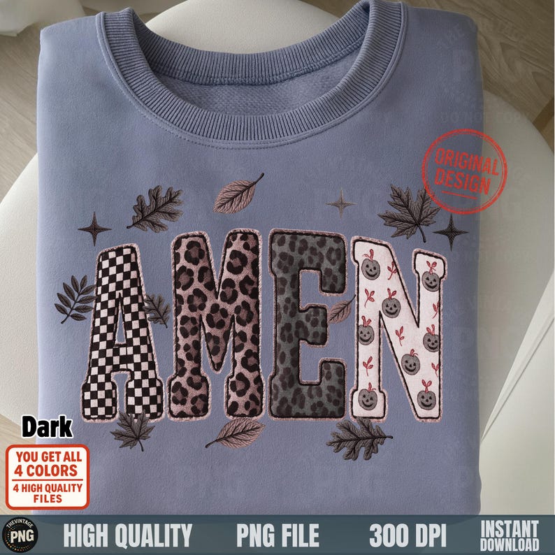 Amen Christian PNG embroidery illusion patchwork on folded blue sweatshirt mockup