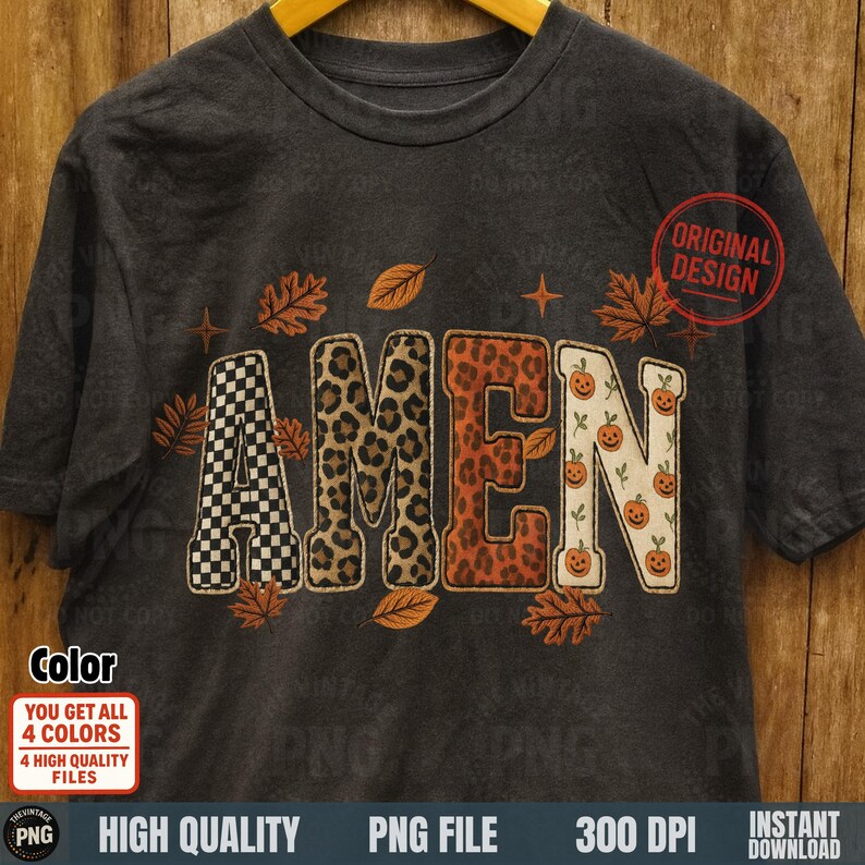 Amen PNG digital fall patchwork applique design on rustic dark t-shirt