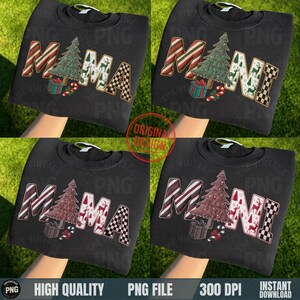 May include: Black sweatshirts with embroidered text reading "MAMA" and "MINI" in various designs. Each design includes a Christmas tree, gift, and candy cane. The sweatshirts are held against a green background.