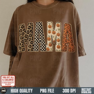Vintage pumpkin leopard patch MAMA PNG on brown shirt