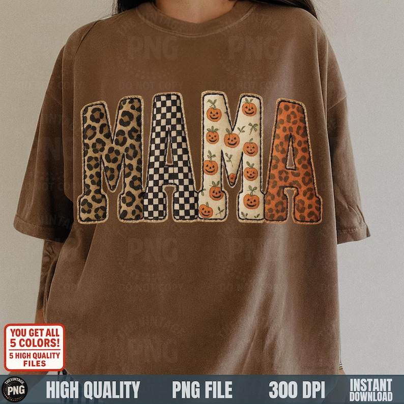 Vintage pumpkin leopard patch MAMA PNG on brown shirt