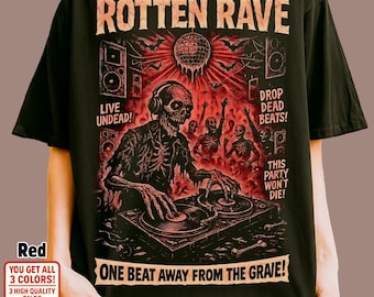 Zombie Skeleton DJ PNG : Design de chemise Halloween Rave (téléchargement numérique
