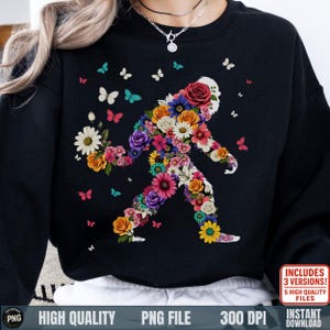 Bigfoot Blumen PNG, Blumen Sasquatch Clipart, Retro Bigfoot Shirt Design, bunte Schmetterlingswald Ästhetik, Sublimation PNG für den Frühling