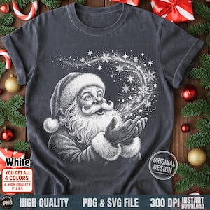 May include: Dark gray t-shirt featuring a detailed black and white illustration of Santa Claus blowing snowflakes from his hands. The shirt includes the text "White" and "Original Design". The image also includes the text "HIGH QUALITY PNG & SVG FILE 300 DPI INSTANT DOWNLOAD".