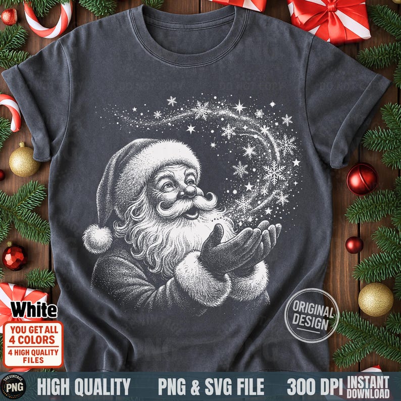 May include: Dark gray t-shirt featuring a detailed black and white illustration of Santa Claus blowing snowflakes from his hands. The shirt includes the text "White" and "Original Design". The image also includes the text "HIGH QUALITY PNG & SVG FILE 300 DPI INSTANT DOWNLOAD".