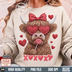 May include: A beige sweatshirt featuring a brown Highland cow with heart-shaped sunglasses and a bow. The cow is holding a lollipop. Red hearts and the text "XOXOXY" are also present. The design includes the text "ORIGINAL DESIGN".
