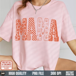 Orange MAMA sublimation with vintage pumpkin, checkered, and leopard letters on pink shirt
