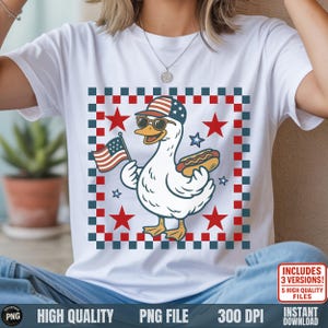 4th of July Goose PNG, Patriotic Duck with Flag and Hotdog, Funny Summer BBQ For Shirt Design, Retro USA Sublimation Clipart