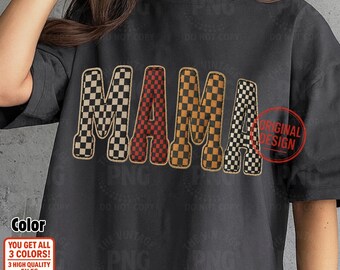 MAMA Checkered Letters PNG, Przytulna iluzja haftu patchworkowego, Cyfrowy plik do pobrania w stylu vintage w kratkę