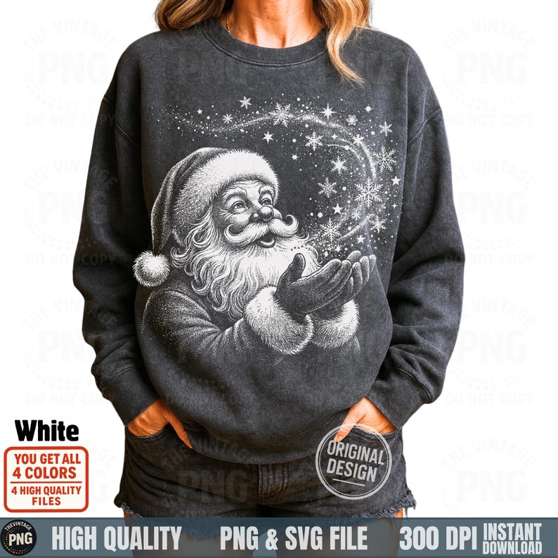 May include: Dark gray sweatshirt featuring a black and white illustration of Santa Claus blowing snowflakes. Santa is wearing a hat and has a long white beard. The sweatshirt has the text "White" and "Original Design".