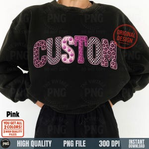 Custom patchwork pink leopard checker letters PNG on cropped sweatshirt mockup