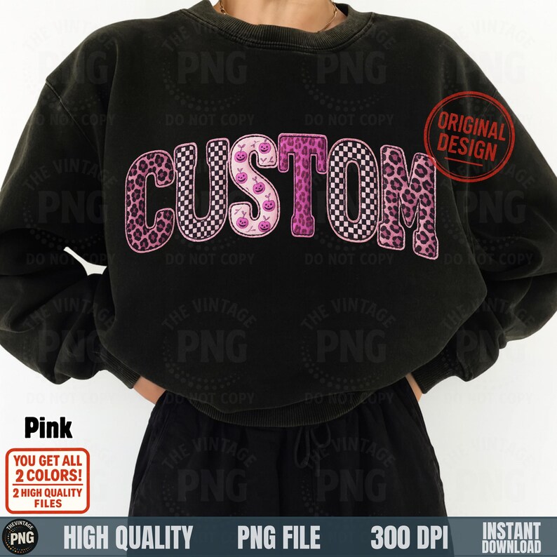 Custom patchwork pink leopard checker letters PNG on cropped sweatshirt mockup