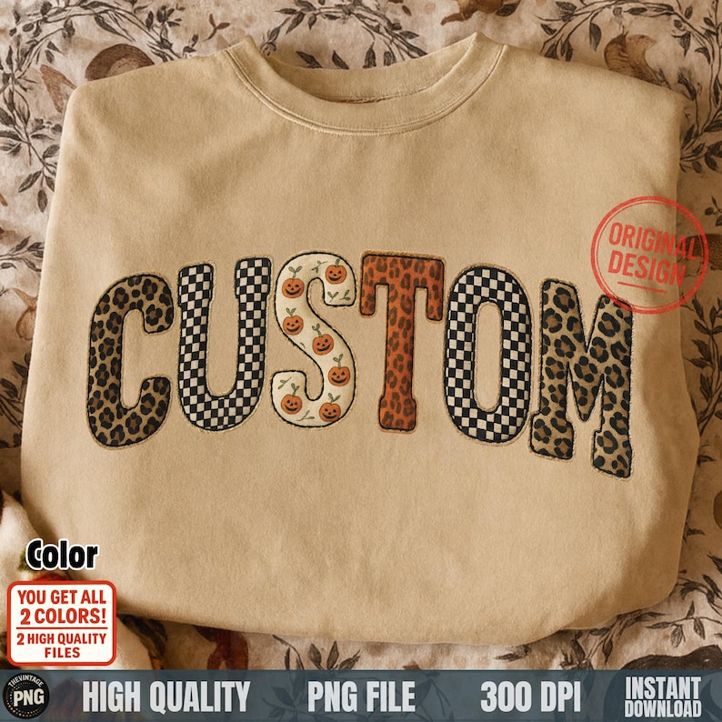 Custom patchwork fall vintage letters PNG on folded beige sweatshirt mockup