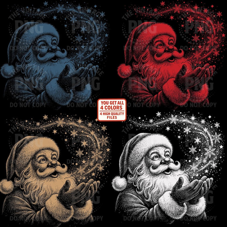 A 4-panel grid showing the Santa Snow Magic design in White, Beige, Blue, and Red monotone colors.