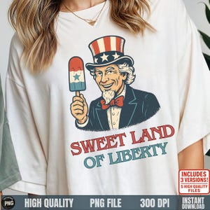 4 de julho PNG, picolé do Tio Sam PNG, design da Terra Doce da Liberdade, clipart de sorvete patriótico retrô, camisa da independência PNG