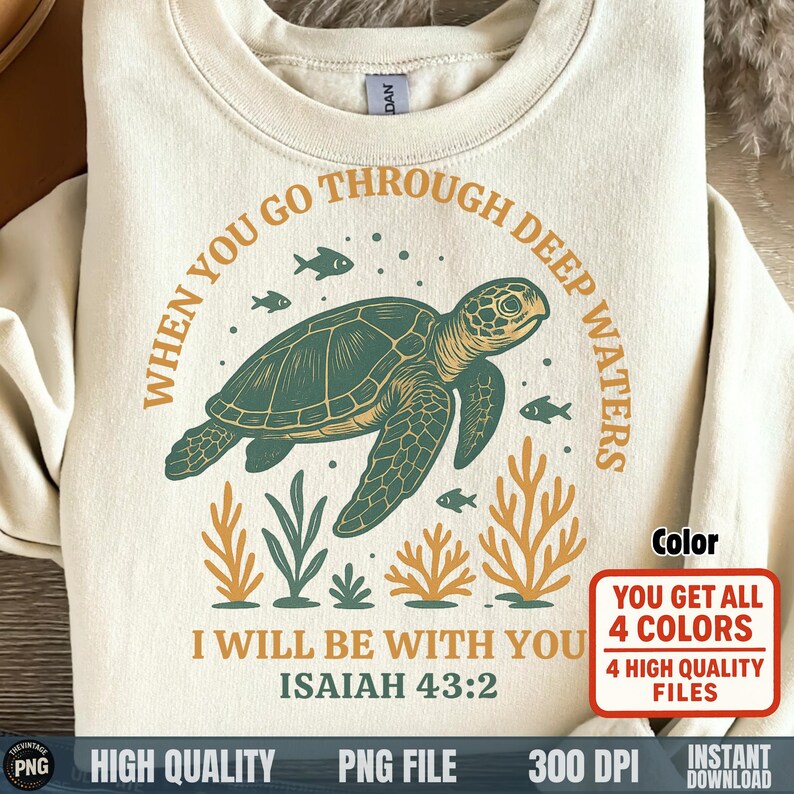 Black turtle and coral Christian Bible quote PNG on white tee