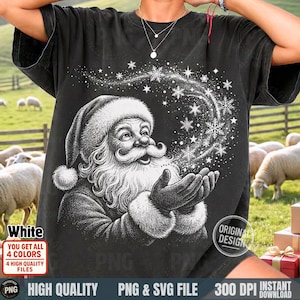 Model wearing a black oversized t-shirt with the white "Santa Snow Magic" design, surrounded by sheep.