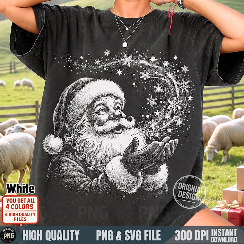 Model wearing a black oversized t-shirt with the white "Santa Snow Magic" design, surrounded by sheep.