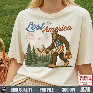 4. Juli PNG, verloren in Amerika Bigfoot Clipart, Vaterländisches Sasquatch USA Bier Retro Design, lustige Sublimationsdatei zum Unabhängigkeitstag