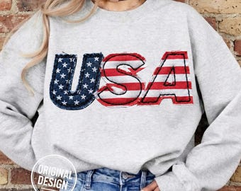 4th of July PNG, USA Flag PNG, Patriotic Patchwork, Embroidery Illusion, Independence Day, Ransom Note Style, Shirt Sublimation Clipart