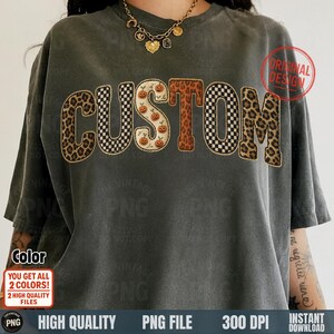 Custom patchwork Halloween leopard pumpkin checker letters PNG on dark t-shirt mockup