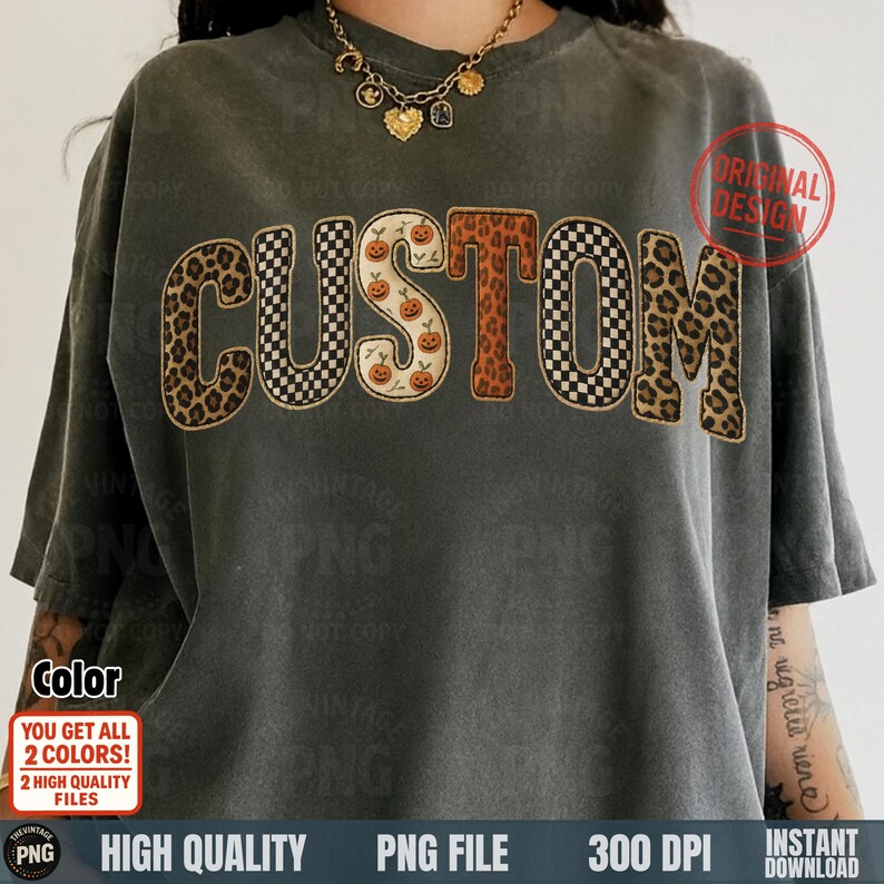 Custom patchwork Halloween leopard pumpkin checker letters PNG on dark t-shirt mockup
