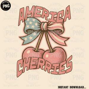 Cerezas americanas PNG - Clipart de fruta patriótica retro divertida - Diseño vintage de lazo y cereza del 4 de julio