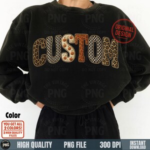 Custom patchwork embroidery style letters PNG on black sweatshirt mockup