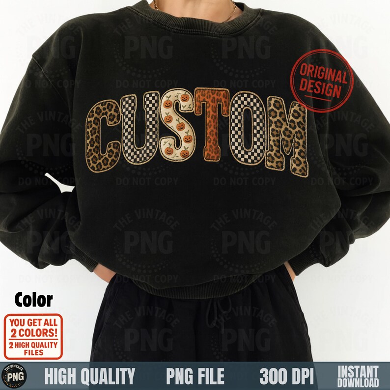 Custom patchwork embroidery style letters PNG on black sweatshirt mockup