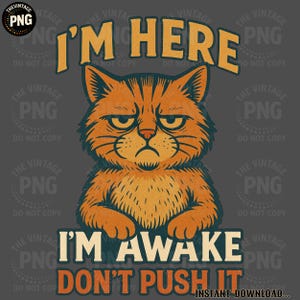 Grumpy Cat PNG Lustiges Zitat - Ich bin hier, ich bin wach, drück es nicht - Retro Vintage Katze Clipart für T-Shirt, Tasse, Sublimationsdruck