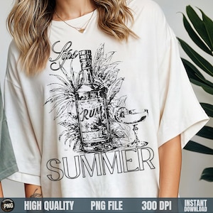 Sorbos de verano PNG, Botella de ron retro y cóctel PNG, Bebida de verano PNG para camisa, Decoración de bar vintage Clipart, Sublimación de verano tropical