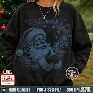 Model wearing a black sweatshirt with the blue "Santa Snow Magic" design.