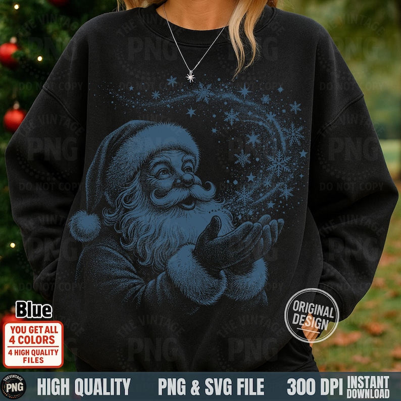 Model wearing a black sweatshirt with the blue "Santa Snow Magic" design.