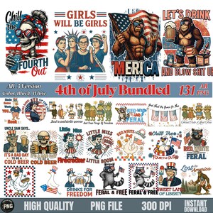 Pacote PNG de 4 de julho, conjunto de clipart patriótico, designs vintage dos EUA para camisetas, pacote de fogos de artifício engraçados de ganso Pé Grande, 131 camisetas PNG para sublimação