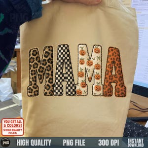 Handmade patchwork MAMA PNG design on beige canvas tote with Halloween patterns