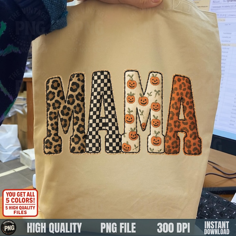 Handmade patchwork MAMA PNG design on beige canvas tote with Halloween patterns