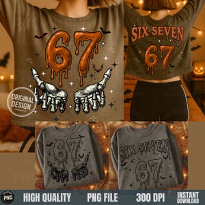 Può includere: Una collezione di felpe e un top corto a tema Halloween. I disegni presentano il numero "67" in arancione gocciolante, il testo "SIX SEVEN" e mani di scheletro. Pipistrelli e stelle sono inclusi nel design. Le magliette sono in vari colori.
