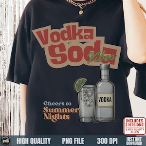Vodka PNG, Vodka Soda Vibes PNG, Divertente design di bevanda estiva per maglietta, Maglietta con citazione retrò sull'alcol, Clipart per sublimazione delle vacanze al mare