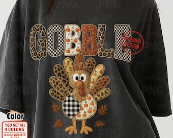 Patchwork Turkey PNG: Leopard, Check & Pumpkin Thanksgiving Design (Digital Download)